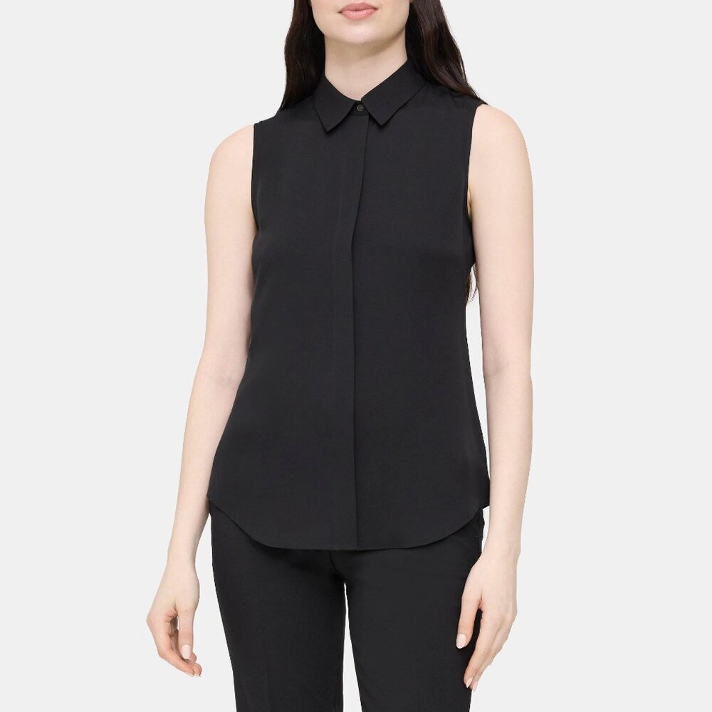 Theory sleeveless button-front silk top blouse hidden buttons black women large
